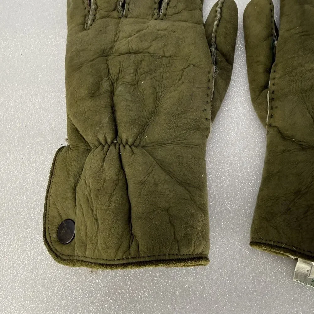 VTG Marshall Fields Gloves Mens 8.5 Green Suede Made In Italy Sherpa Lining Warm